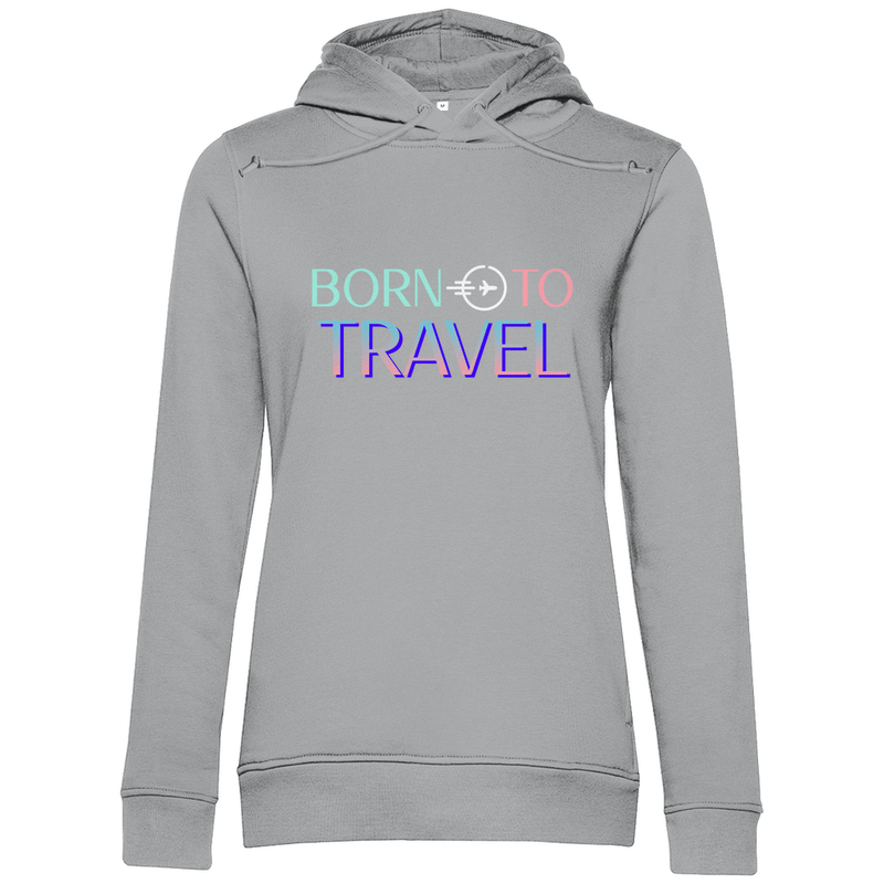 Damen Hoodie in Heather Grey mit farbigen BORN TO TRAVEL Print. Fernweh zum Anziehen? travelPrint4U.de