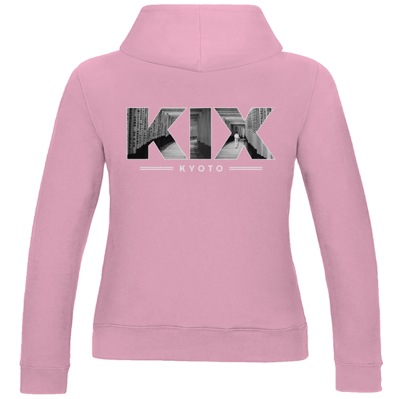 Kapuzen Pullover für Damen mit Airport Code für Kyoto mit Bild. Farbe Baby Pink. Fernweh zum Anziehen von travelPrint4U.de