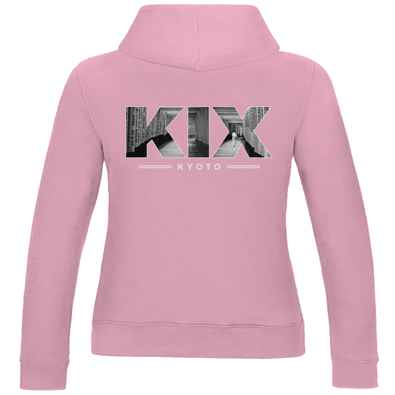 Kapuzen Pullover für Damen mit Airport Code für Kyoto mit Bild. Farbe Baby Pink. Fernweh zum Anziehen von travelPrint4U.de