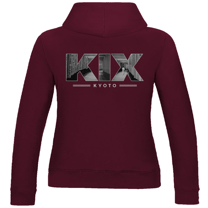 Kapuzen Pullover für Damen mit Airport Code für Kyoto mit Bild. Farbe Burgund. Fernweh zum Anziehen von travelPrint4U.de