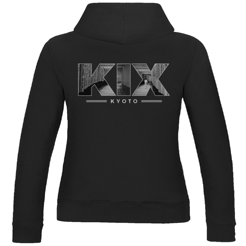 Kapuzen Pullover für Damen mit Airport Code für Kyoto mit Bild. Farbe Jet Black. Fernweh zum Anziehen von travelPrint4U.de