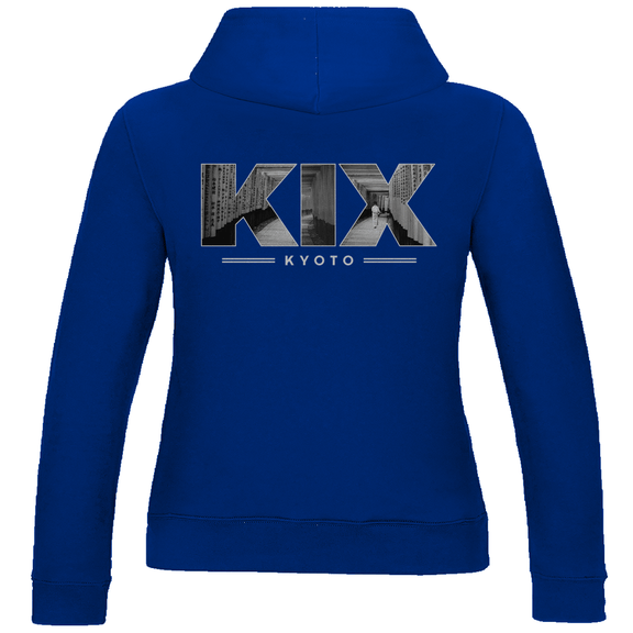 Kapuzen Pullover für Damen mit Airport Code für Kyoto mit Bild. Farbe Royal Blau. Fernweh zum Anziehen von travelPrint4U.de