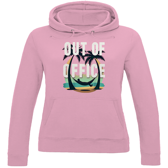 Damen Hoodie in Baby Pink mit farbenfrohem OUT OF OFFICE PRINT. Fernweh zum Anziehen? travelPrint4U.de