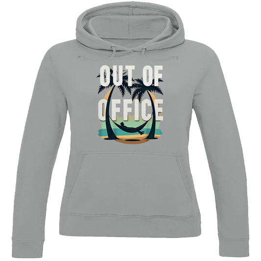 Damen Hoodie in Heather Grey mit farbenfrohem OUT OF OFFICE PRINT. Fernweh zum Anziehen? travelPrint4U.de