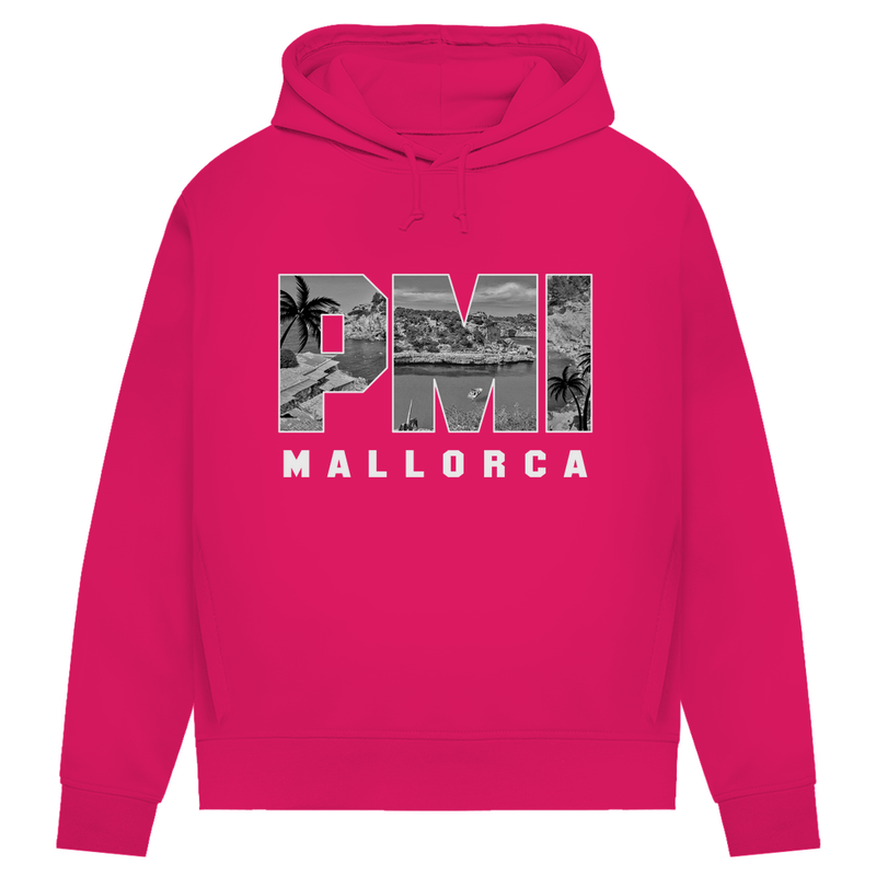 Damen Hoodie in Magenta Pink und dem Print des Mallorca Airport Codes PMI. Fernweh zum Anziehen von travelPrint4U.de
