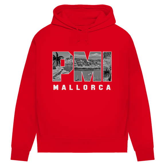 Damen Hoodie in Red und dem Print des Mallorca Airport Codes PMI. Fernweh zum Anziehen von travelPrint4U.de