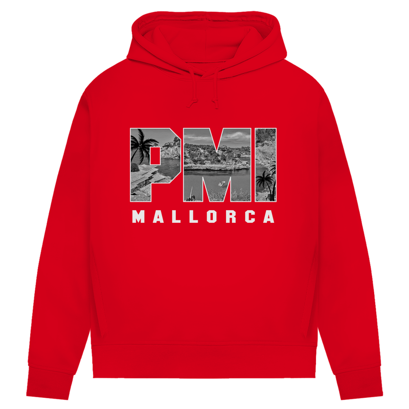Damen Hoodie in Red und dem Print des Mallorca Airport Codes PMI. Fernweh zum Anziehen von travelPrint4U.de