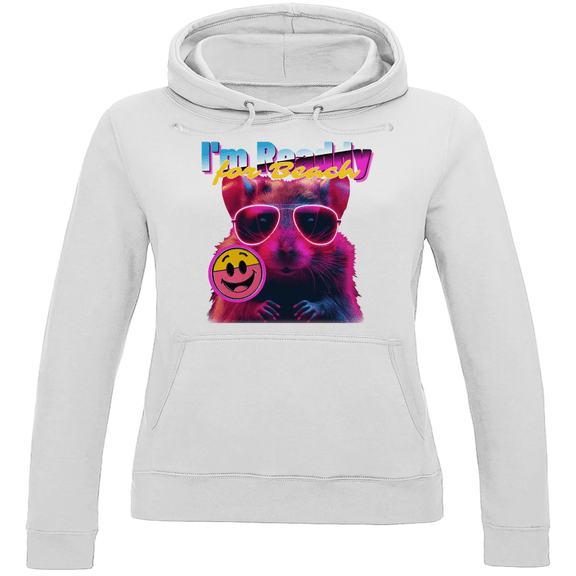Damen Hoodie in Arctic White mit Hamster Meme BEACH READDY. Fernweh zum Anziehen von travelprint4U.de