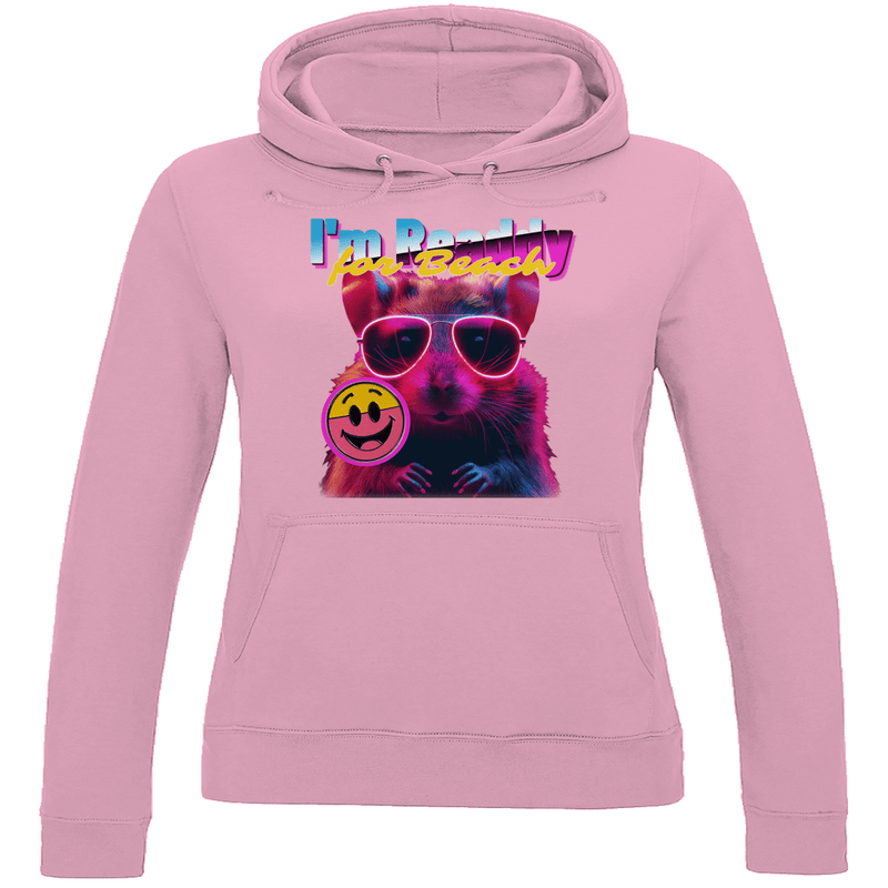 Damen Hoodie in Baby Pink mit Hamster Meme BEACH READDY. Fernweh zum Anziehen von travelprint4U.de