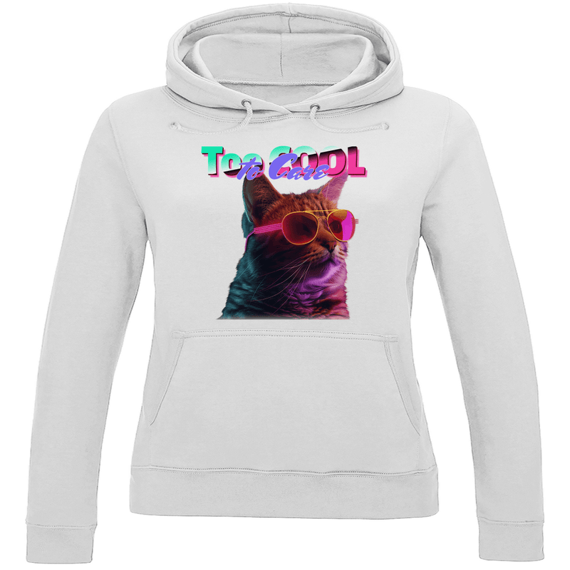 Damen Hoodie in Arctic White mit Katzen Meme TOO COOL TO CARE. Fernweh zum Anziehen von travelprint4U.de