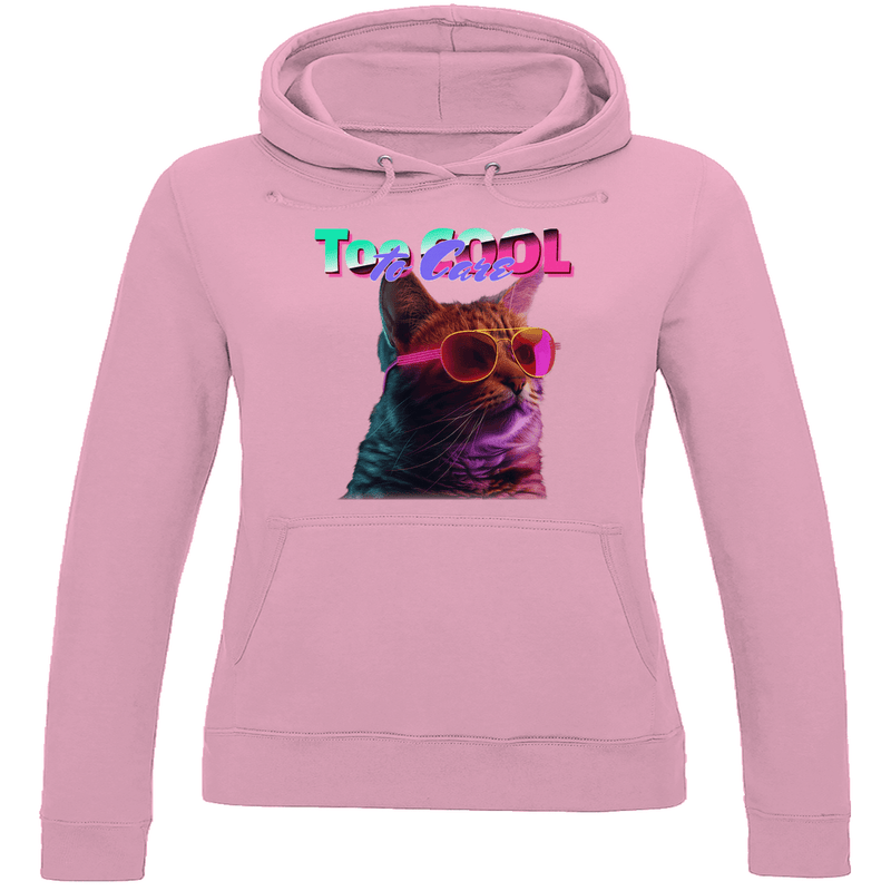 Damen Hoodie in Baby Pink mit Katzen Meme TOO COOL TO CARE. Fernweh zum Anziehen von travelprint4U.de