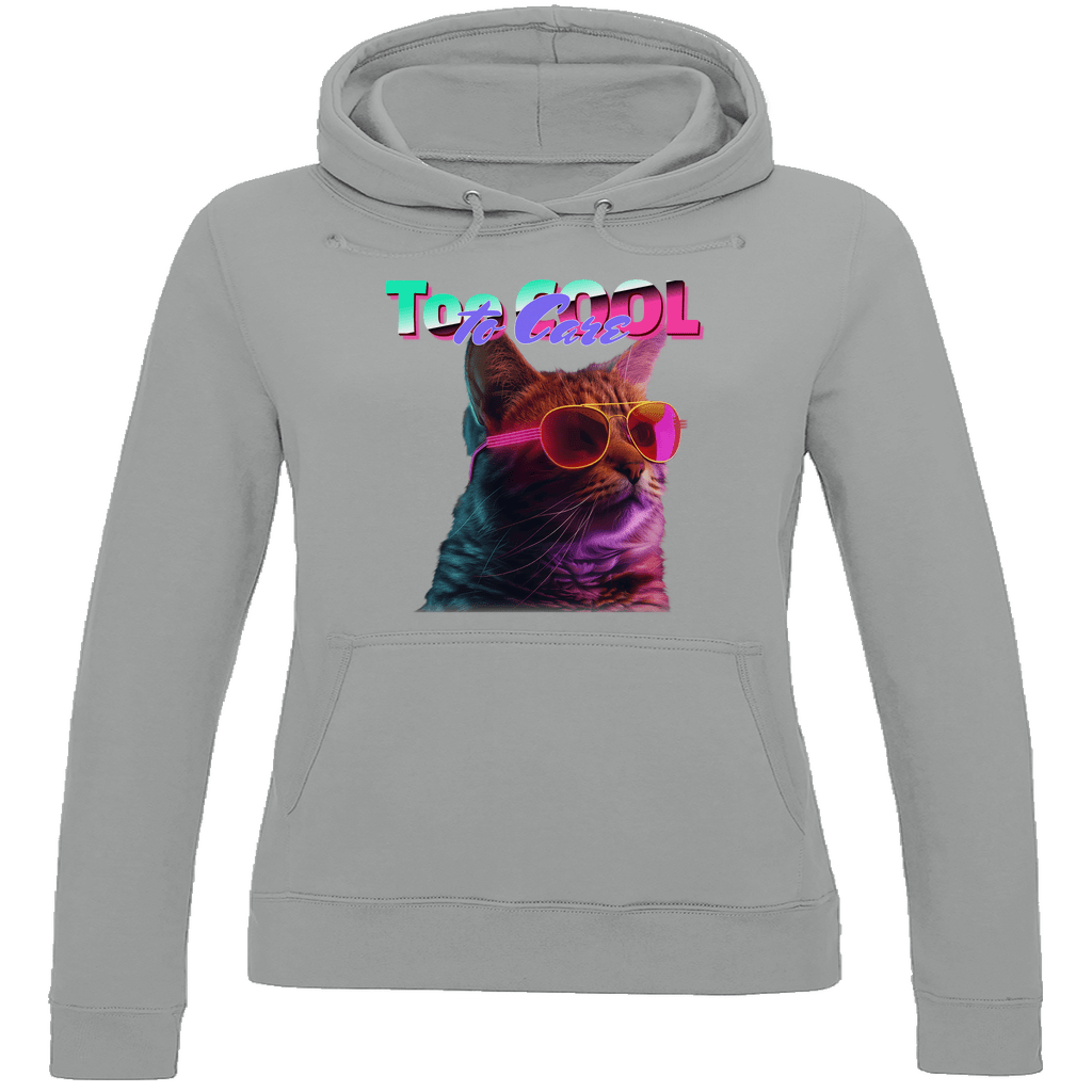 Damen Hoodie in Heather Grey mit Katzen Meme TOO COOL TO CARE. Fernweh zum Anziehen von travelprint4U.de