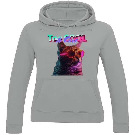 Damen Hoodie in Heather Grey mit Katzen Meme TOO COOL TO CARE. Fernweh zum Anziehen von travelprint4U.de