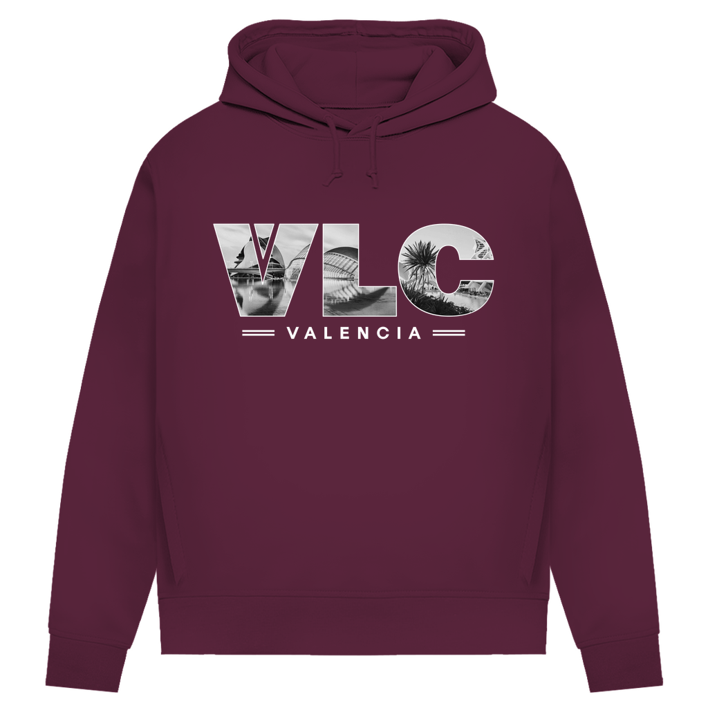 Kapuzen Pullover in Burgund mit Airport Code für Valencia in 3 Buchstaben und Schriftzug mit Name der Stadt darunter.