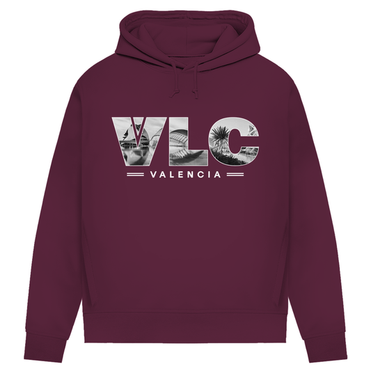 Kapuzen Pullover in Burgund mit Airport Code für Valencia in 3 Buchstaben und Schriftzug mit Name der Stadt darunter.