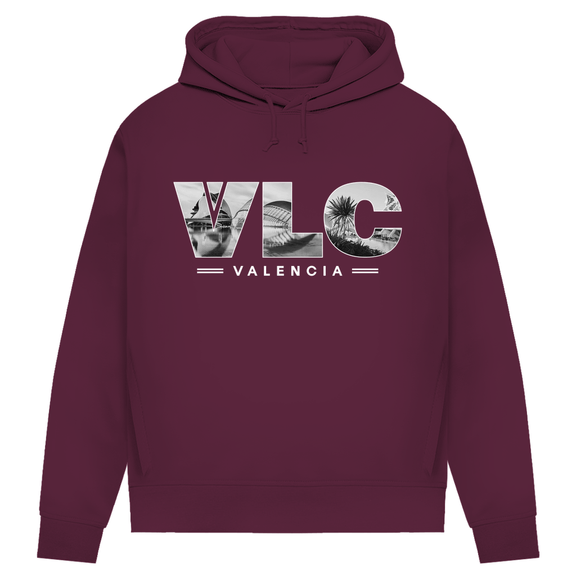 Kapuzen Pullover in Burgund mit Airport Code für Valencia in 3 Buchstaben und Schriftzug mit Name der Stadt darunter.