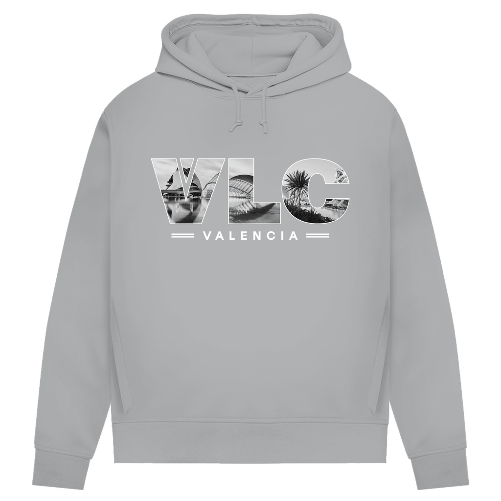 Kapuzen Pullover in Hellgrau mit Airport Code für Valencia in 3 Buchstaben und Schriftzug mit Name der Stadt darunter.