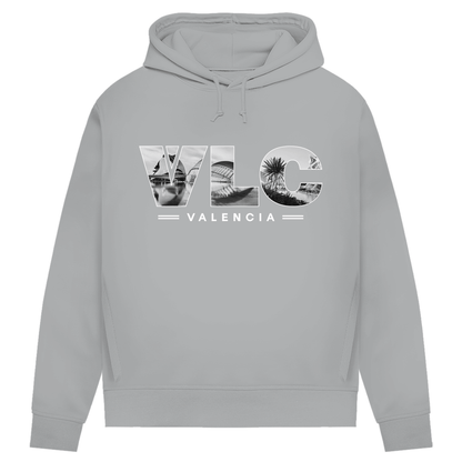 Kapuzen Pullover in Hellgrau mit Airport Code für Valencia in 3 Buchstaben und Schriftzug mit Name der Stadt darunter.