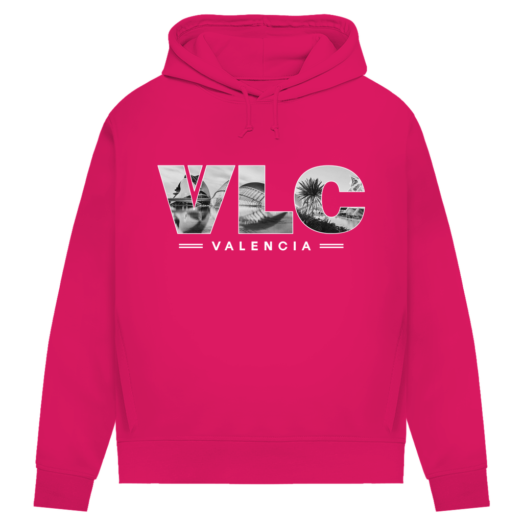 Kapuzen Pullover in Magenta Pink mit Airport Code für Valencia in 3 Buchstaben und Schriftzug mit Name der Stadt darunter.