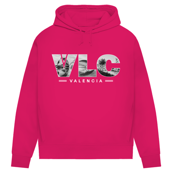 Kapuzen Pullover in Magenta Pink mit Airport Code für Valencia in 3 Buchstaben und Schriftzug mit Name der Stadt darunter.