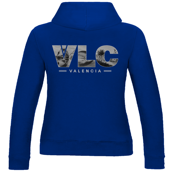 Kapuzen Pullover für Damen mit VLC Airport Code Valencia. Farbe Royal Blau. Fernweh zum Anziehen von travelPrint4U.de
