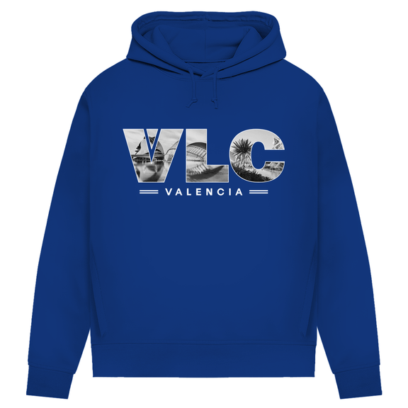 Kapuzen Pullover in der Farbe Royal mit Airport Code für Valencia in 3 Buchstaben und Schriftzug mit Name der Stadt darunter.