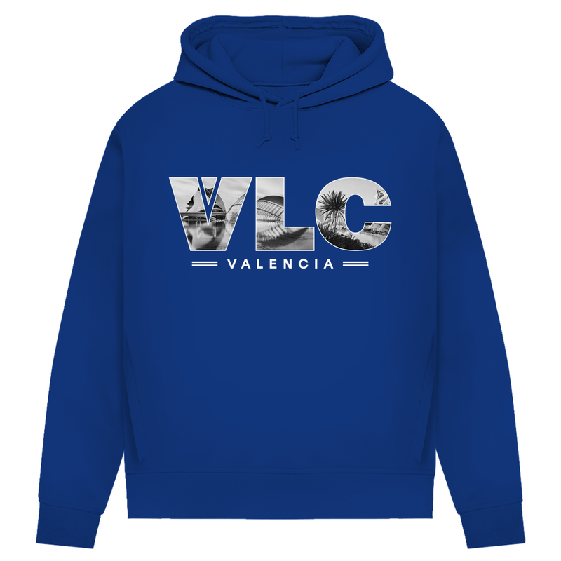 Kapuzen Pullover in der Farbe Royal mit Airport Code für Valencia in 3 Buchstaben und Schriftzug mit Name der Stadt darunter.