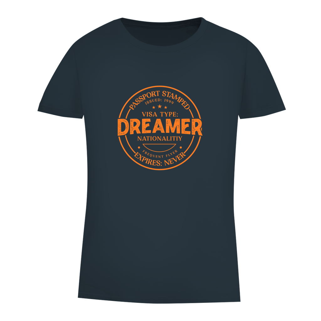Damen T Shirt mit DREAMER (Pass Stempel) Print in orange. Stoff-Farbe: Dark Grey. Fernweh zum Anziehen? travelPrint4U.de