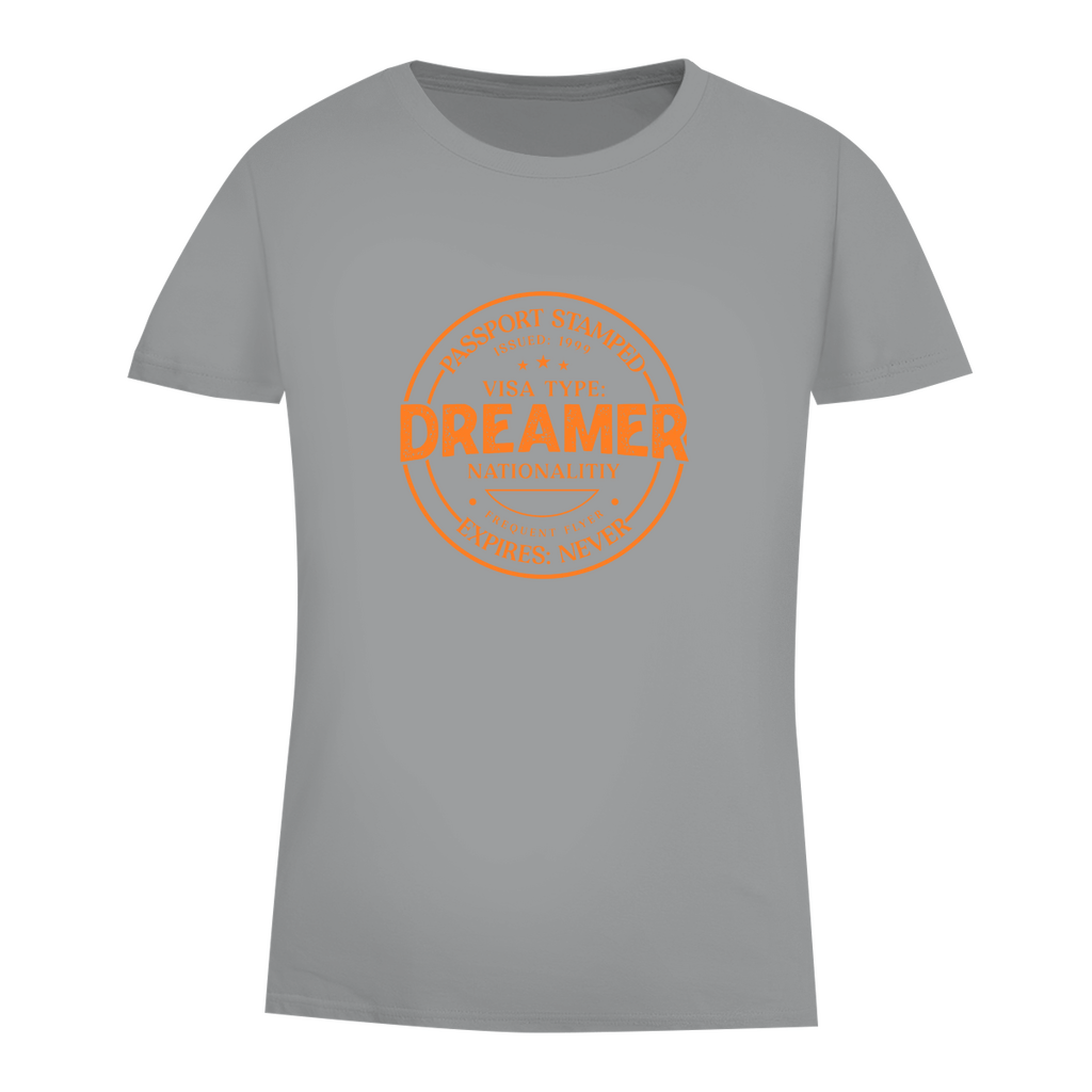 Damen T Shirt mit DREAMER (Pass Stempel) Print in orange. Stoff-Farbe: Grey Heather. Fernweh zum Anziehen? travelPrint4U.de