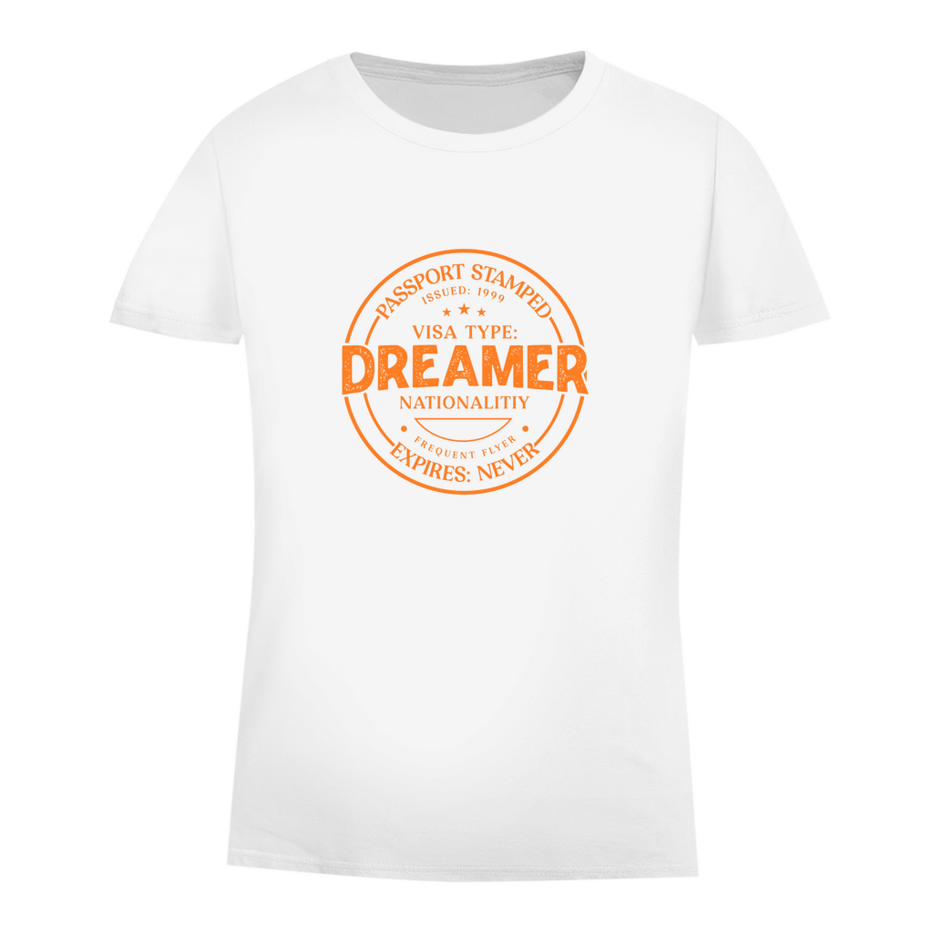 Damen T Shirt mit DREAMER (Pass Stempel) Print in orange. Stoff-Farbe: White. Fernweh zum Anziehen? travelPrint4U.de