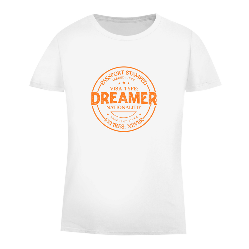 Damen T Shirt mit DREAMER (Pass Stempel) Print in orange. Stoff-Farbe: White. Fernweh zum Anziehen? travelPrint4U.de