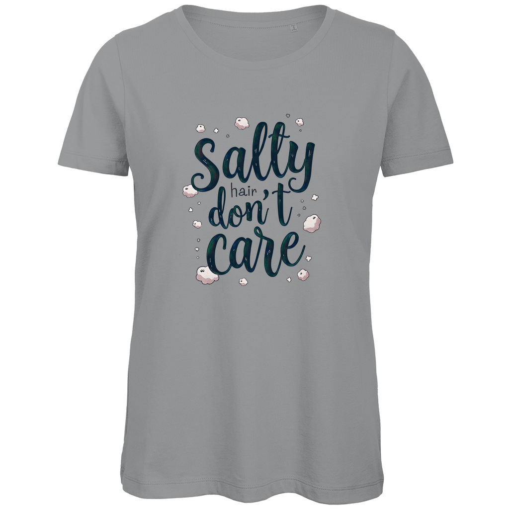 Damen T Shirt mit SALTY HAIR DON’T CARE Print. Stoff-Farbe: Sport Grey Heather. Fernweh zum Anziehen? travelPrint4U.de