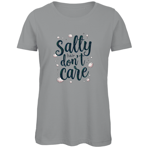 Damen T Shirt mit SALTY HAIR DON’T CARE Print. Stoff-Farbe: Sport Grey Heather. Fernweh zum Anziehen? travelPrint4U.de