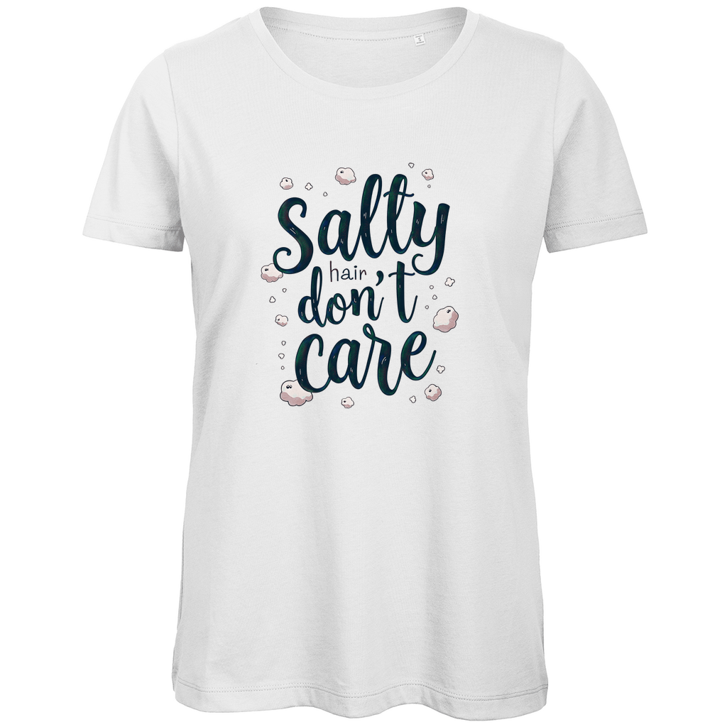 Damen T Shirt mit SALTY HAIR DON’T CARE Print. Stoff-Farbe: White. Fernweh zum Anziehen? travelPrint4U.de