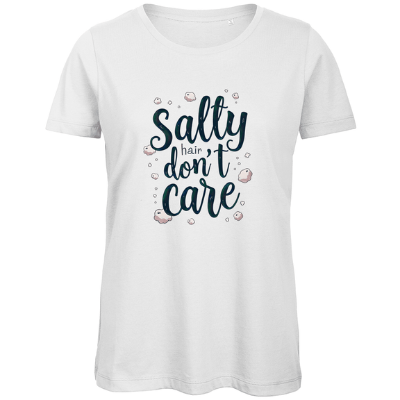 Damen T Shirt mit SALTY HAIR DON’T CARE Print. Stoff-Farbe: White. Fernweh zum Anziehen? travelPrint4U.de