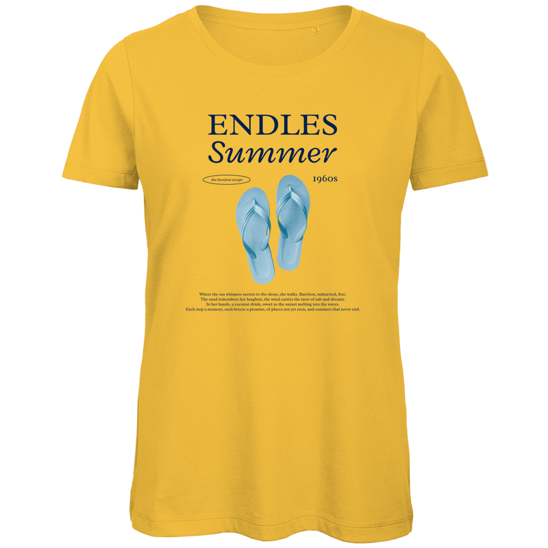 Ein paar hellblaue Flipflops als zentrales Motiv. Grosse blaue Überschrift mit Designnamen. Endles Summer Text darunter.