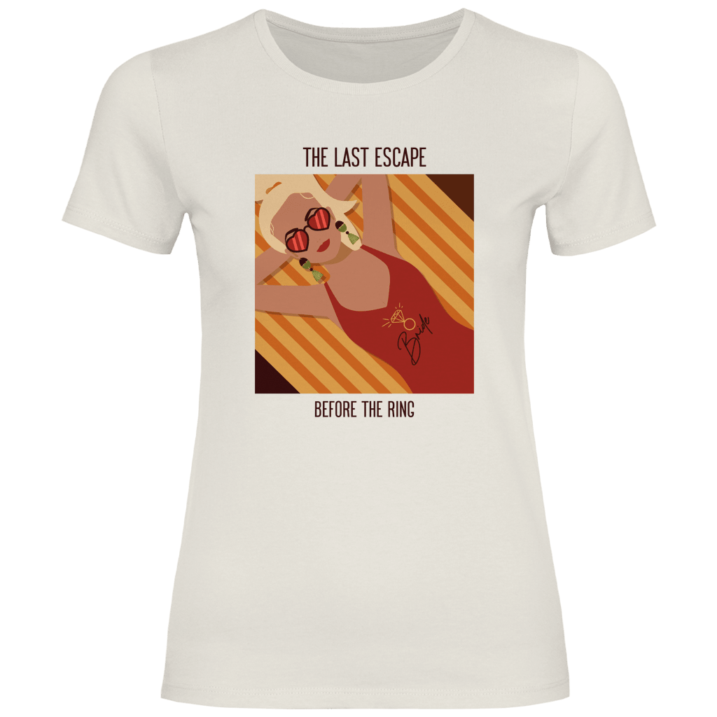 The Last Escape Before the Ring Design mit Frau auf Strandliege, Sonnenbrille und JGA Beach Vibes.