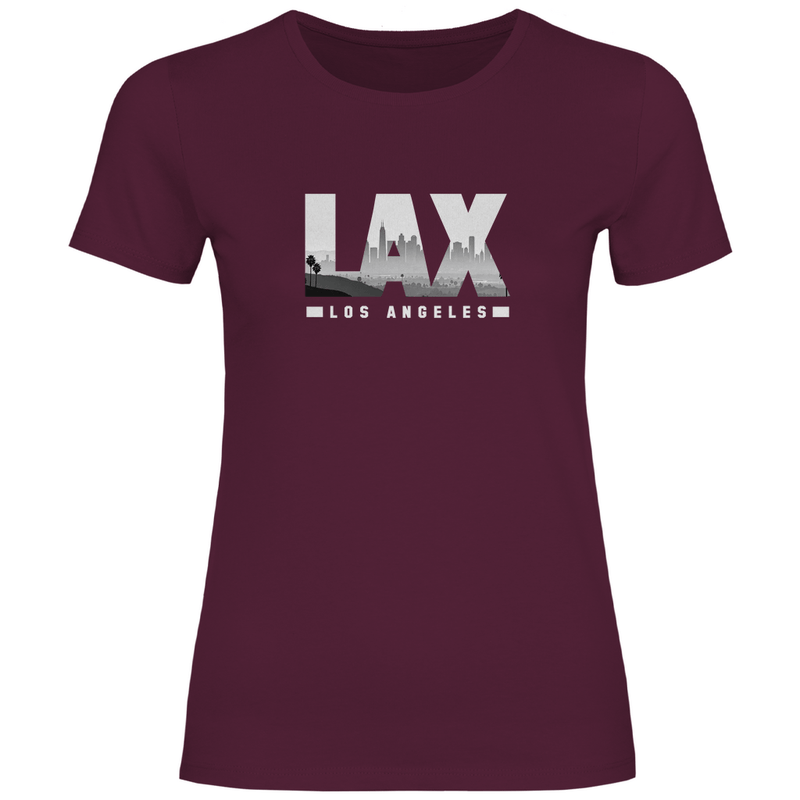 Dunkelrotes TShirt mit drei Buchstaben des Flughafencode. Overlay der Buchstaben ein Bild in schwarz/weiß der Skyline.