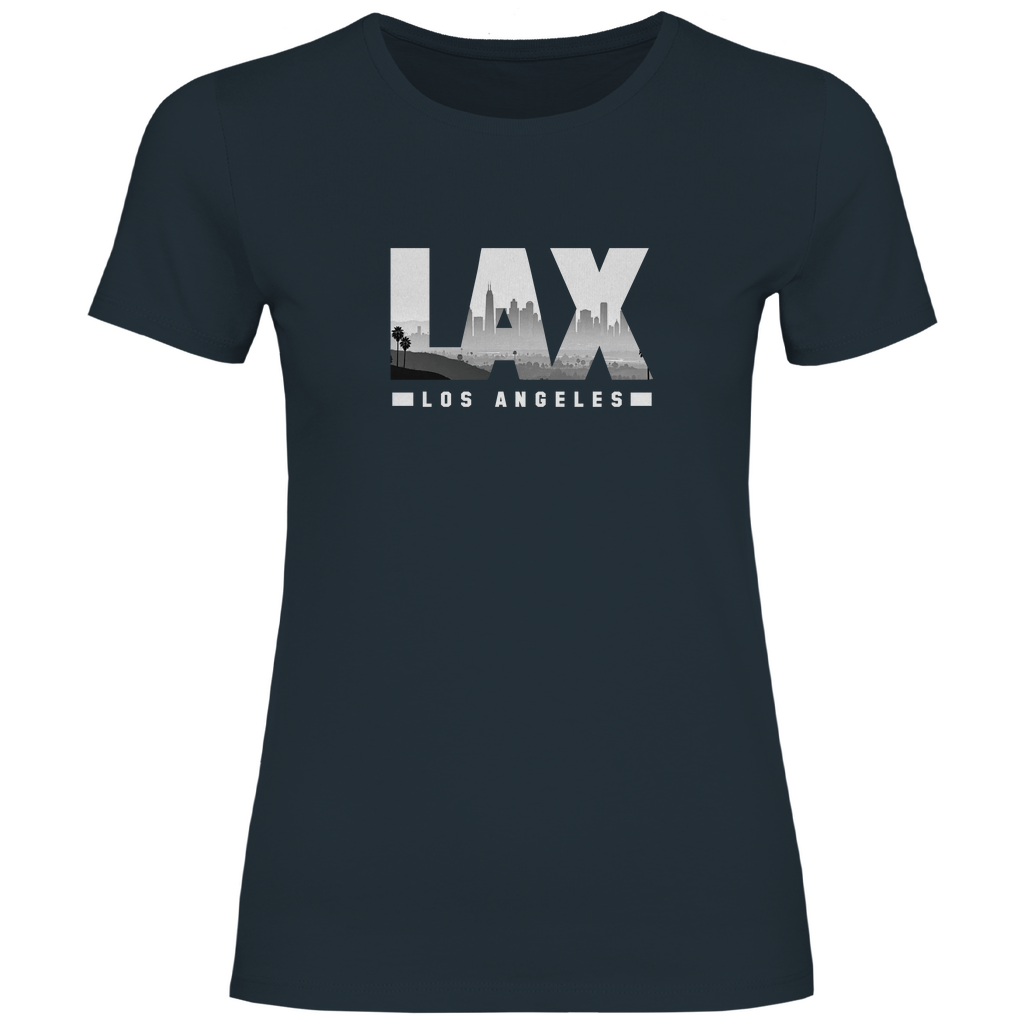 Dunkelgraues TShirt mit drei Buchstaben des Flughafencode. Overlay der Buchstaben ein Bild in schwarz/weiß der Skyline.