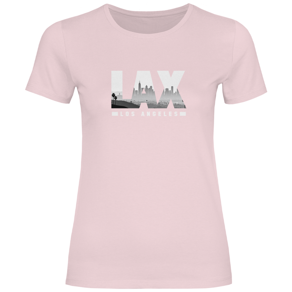 Blassrosa TShirt mit drei Buchstaben des Flughafencode. Overlay der Buchstaben ein Bild in schwarz/weiß der Skyline.