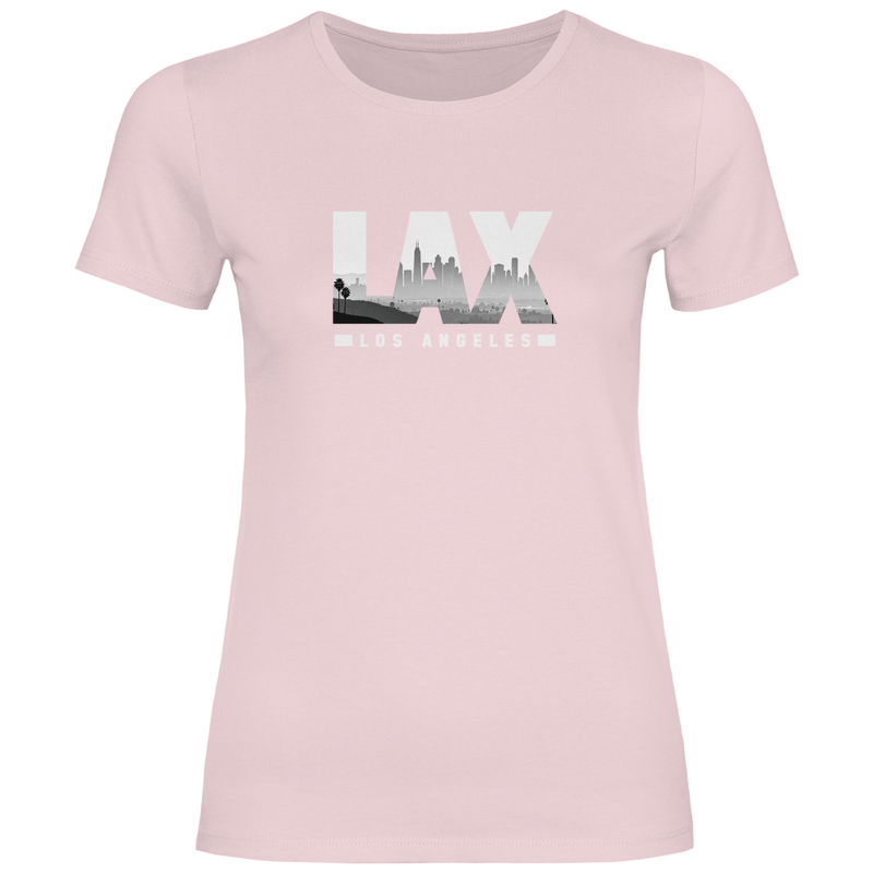 Blassrosa TShirt mit drei Buchstaben des Flughafencode. Overlay der Buchstaben ein Bild in schwarz/weiß der Skyline.