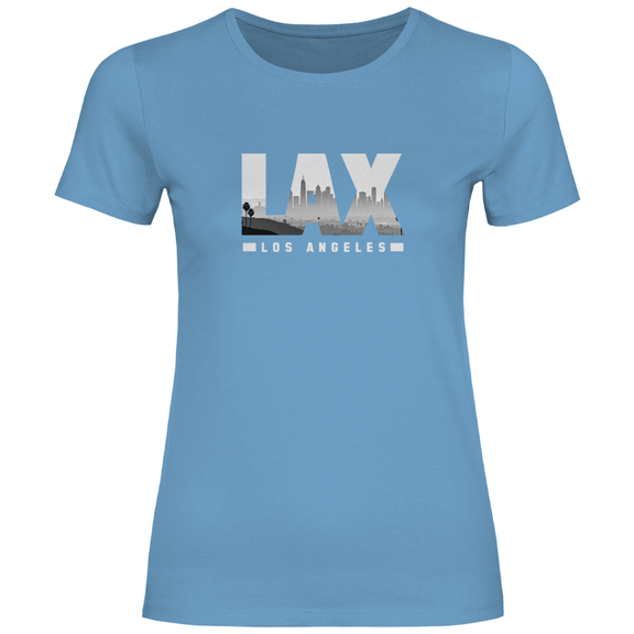 Hellblaues TShirt mit drei Buchstaben des Flughafencode. Overlay der Buchstaben ein Bild in schwarz/weiß der Skyline.