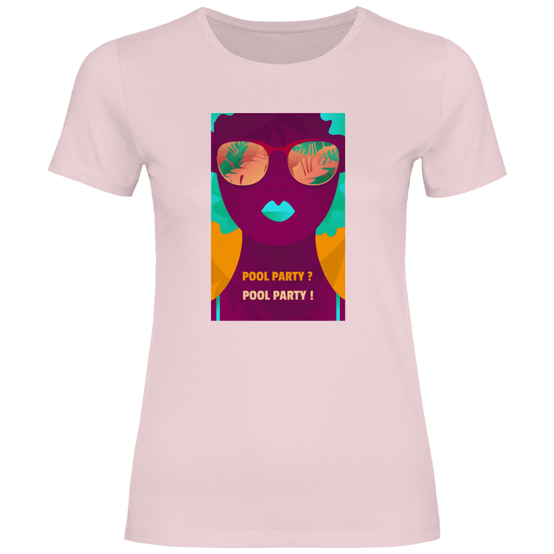 Buntes Pool-Party Design mit stylisierter Frau in Sonnenbrille, tropischen Spiegelungen und Schriftzug Pool Party.