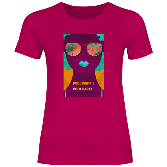 Buntes Pool-Party Design mit stylisierter Frau in Sonnenbrille, tropischen Spiegelungen und Schriftzug Pool Party.