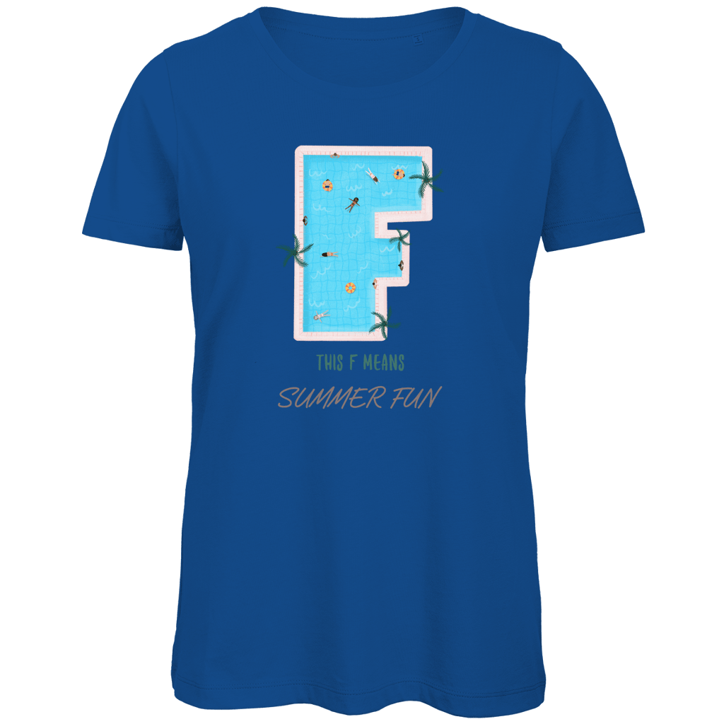 Grossbuchstabe F als Pool mit Schwimmringen und Menschen. Umrahmt von gruenenPalmensternen. This F Means Summer Fun.