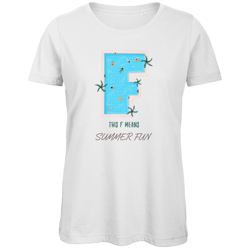 Grossbuchstabe F als Pool mit Schwimmringen und Menschen. Umrahmt von gruenenPalmensternen. This F Means Summer Fun.