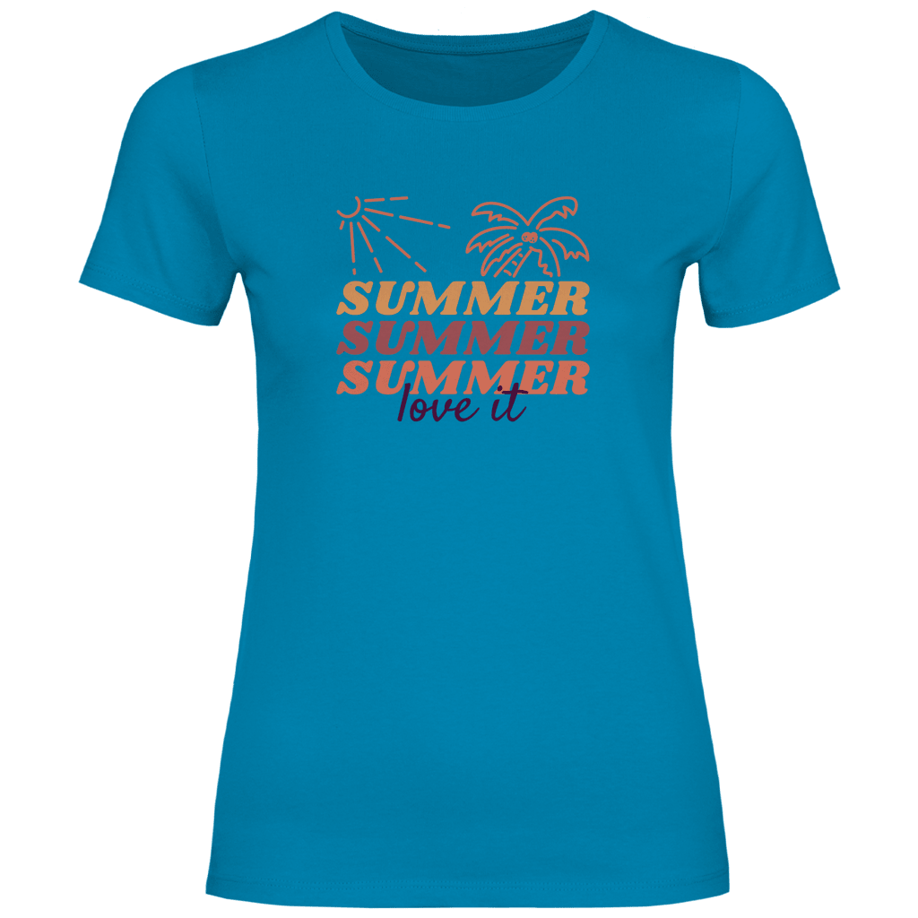 Summer Love It Schriftzug mit Sonne und Palme im Retro Sommer Design.