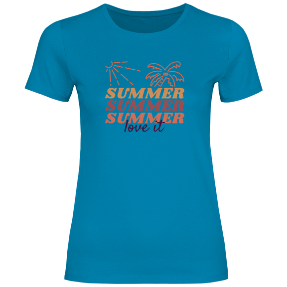 Summer Love It Schriftzug mit Sonne und Palme im Retro Sommer Design.