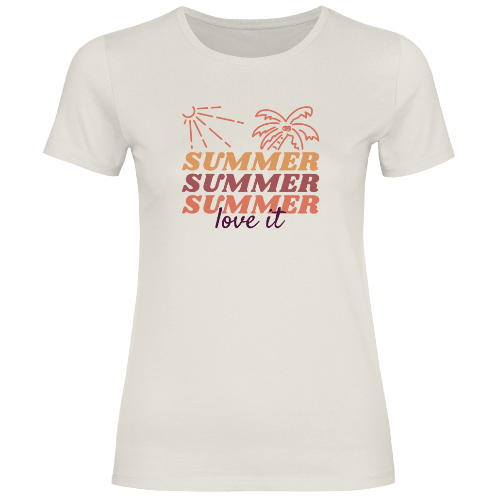 Summer Love It Schriftzug mit Sonne und Palme im Retro Sommer Design.