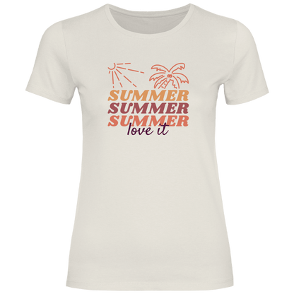 Summer Love It Schriftzug mit Sonne und Palme im Retro Sommer Design.